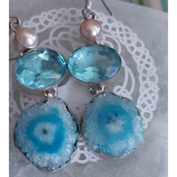 Blue druzy agate? Earrings with blue glass and faux pearl silver plated - Picture 3 of 9